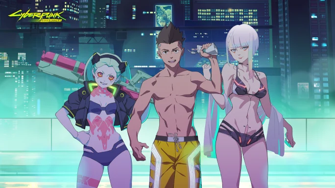 Official summer illustration of Rebecca, David and Lucy beside a pool with Night City behind them